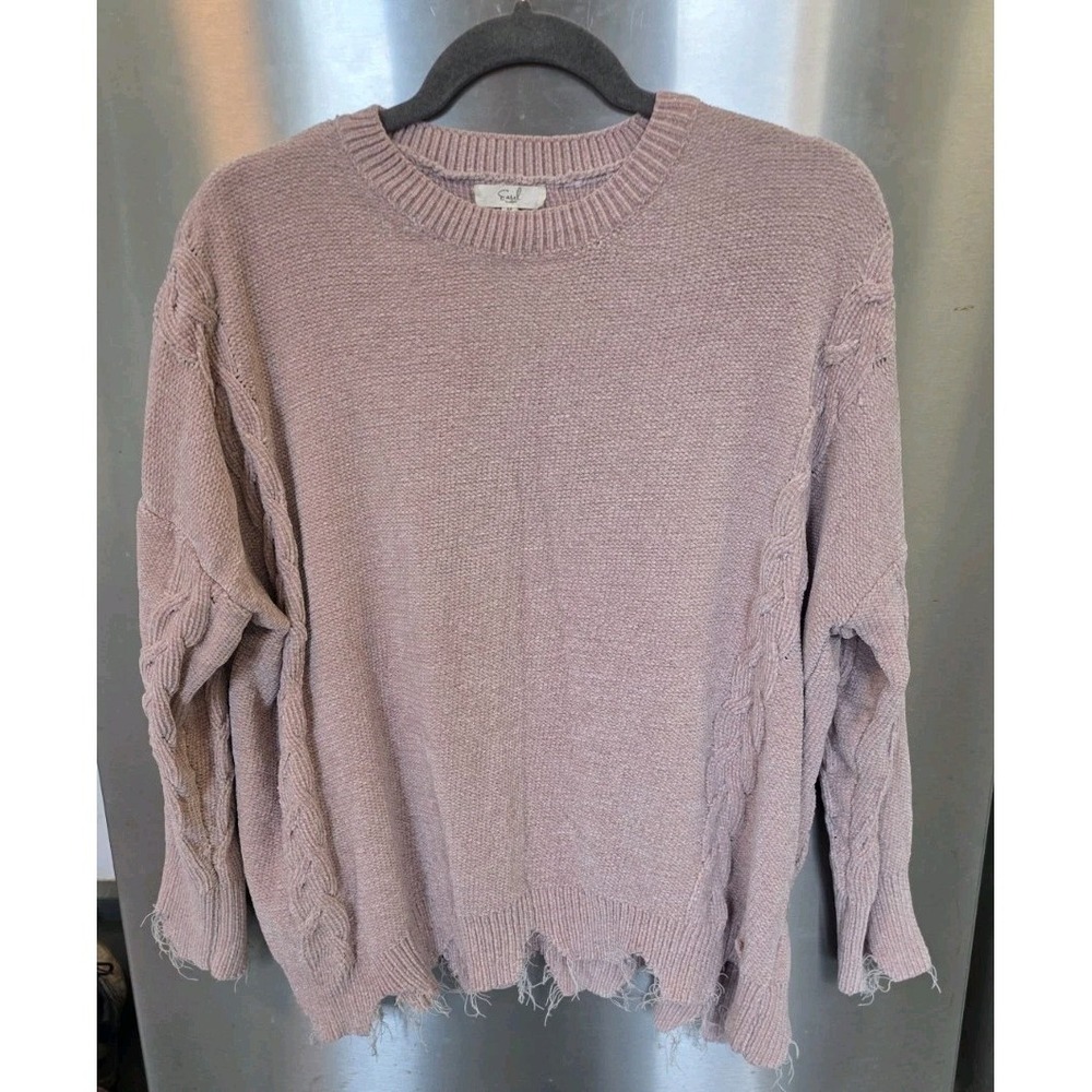 Easel Sweater M Mauve Distressed Cable Knit Fringe Boho Slouchy Boho Comfy